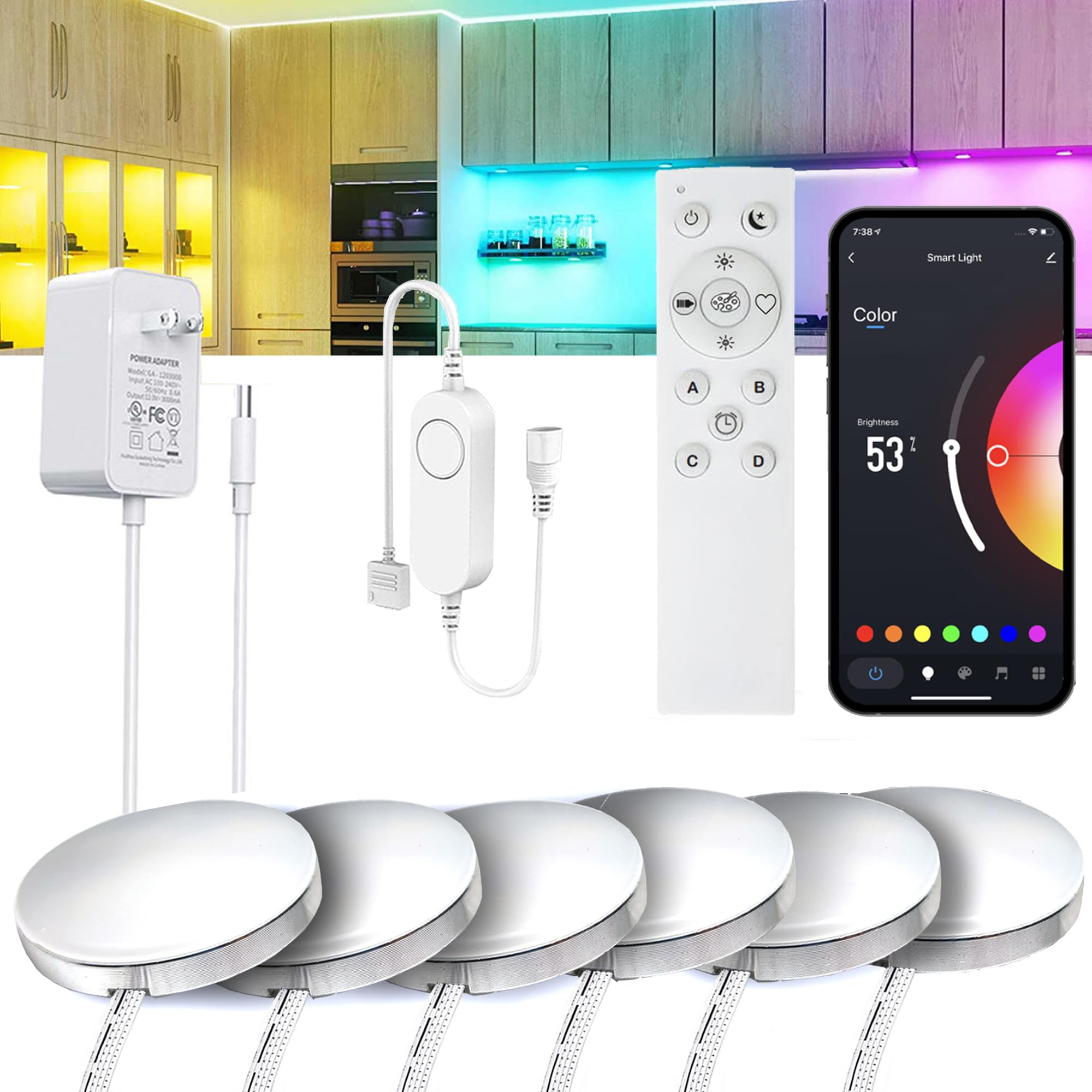 Photo 1 of *Missing peices check clerk comments *
6 PCS Aluminum Round WiFi RGB Under Cabinet Lights Kit,Compatible with Alexa,Google Assistant,App and 2.4G RF Remote,Music Sync LED Light with Timmer Dimmable Under Counter Lights for Kitchen Bedroom