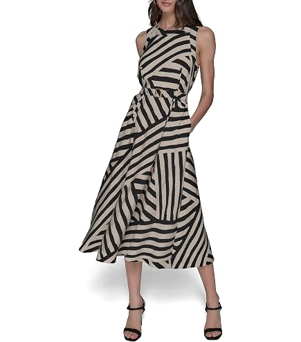 KARL LAGERFELD Paris Womens Pleated Black and White Midi Casual Dress, Black Soft White, X-Small US at Amazon Women's Clothing store