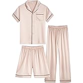 OEIU Girls Boys Silky Satin Pajamas Set 3 Pcs for Kid Children Silk pjs Set Sleepwear Button-up Nightwear