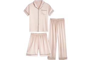 OEIU Girls Boys Silky Satin Pajamas Set 3 Pcs for Kid Children Silk pjs Set Sleepwear Button-up Nightwear