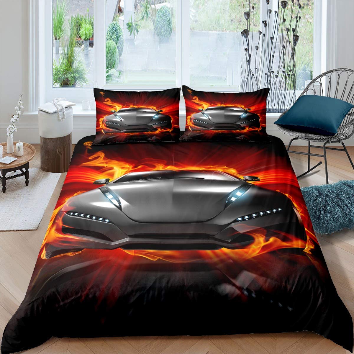 Loussiesd Race Sports Car Duvet Cover Extreme Sports Theme Bedding Set For Kids Boys Children Men Cool Burning Car Comforter Cover Car Sports Competition Decor Bedspread Cover Double Size Zipper