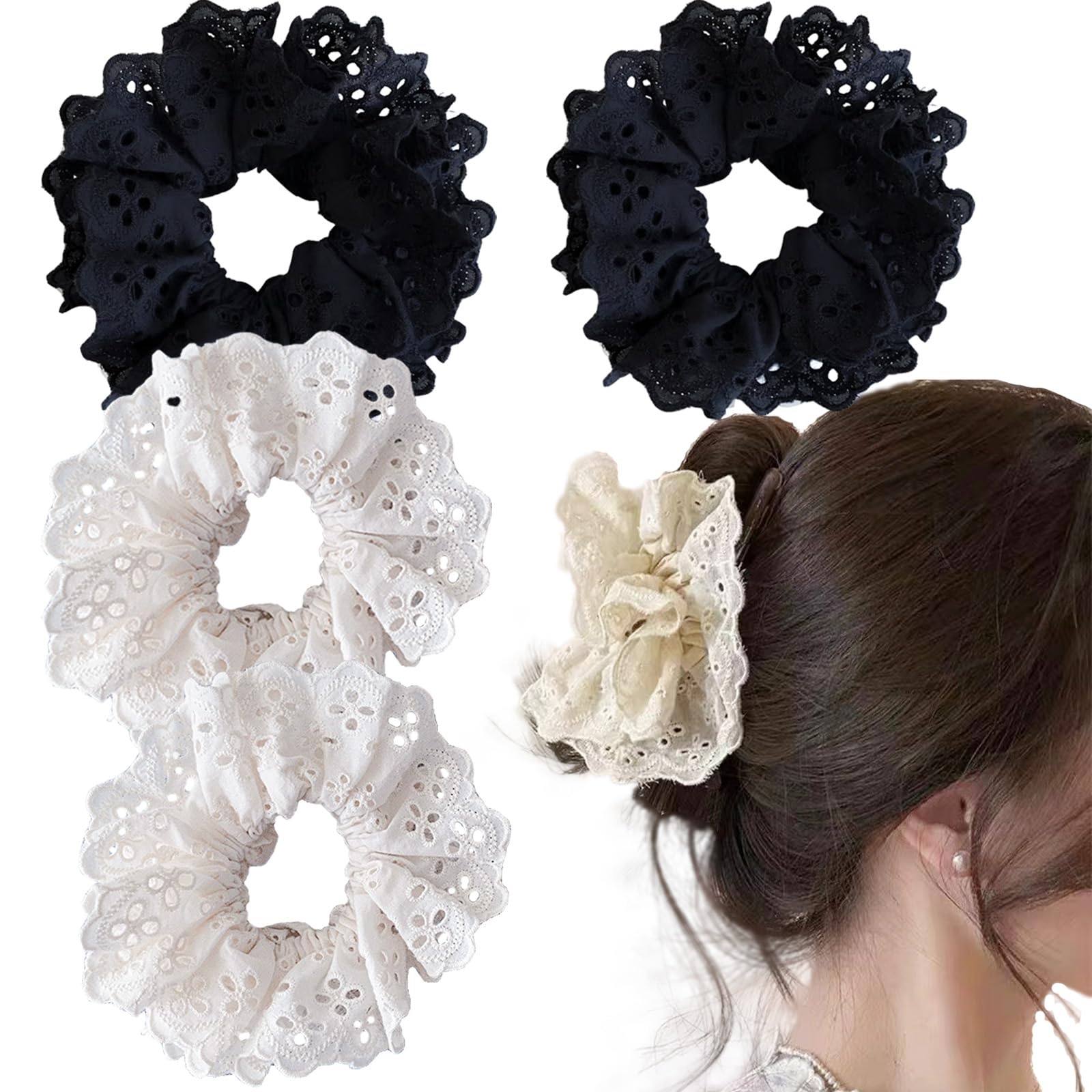 4 PCS Large Lace Scrunchie Large Intestine Hairrings Soft Elastic Hair Band Frizz Prevention Scrunchy Ponytail Holder Hair Accessories for Ladies Girls
