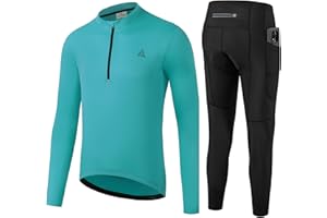 OFF PRND Men's Cycling Jersey 1/3 Zipper Cycling Set Solid Color Club Fit, Long Sleeeves Bike Jersey and Pants Zipper Pocket