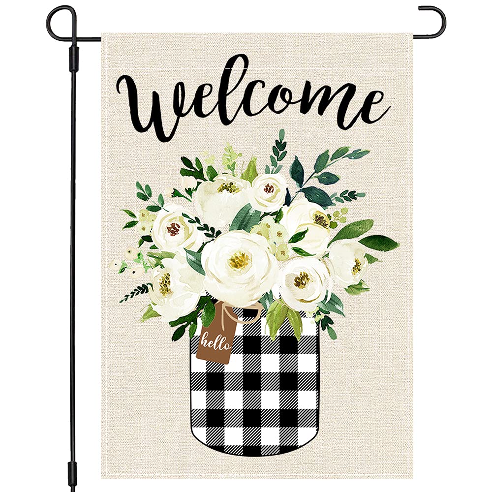 PANDICORN Spring Summer Garden Flag 12×18 Inch Double Sided, Buffalo Plaid Check Mason Jar Greenery Floral Flower, Small Vertical Farmhouse Welcome Seasonal Garden Decor for Outside Yard Wedding