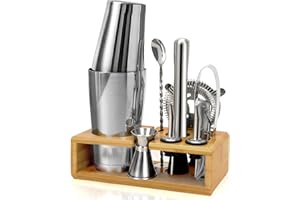 Mixology Bartender Kit with Stand - Cocktail Shaker Set with Bamboo Stand, Boston Drink Shaker, Mojito Muddler, and Drink Mix