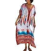 Chunoy Women Colorful Feather Print Kaftan V Neck Casual Bathing Suit Kimono Sleeve Side Split Beach Cover Up Caftan Dress