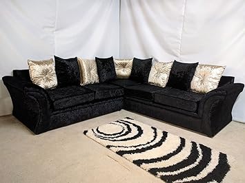 Cheap Online Furniture Vagus Corner Sofa In Crushed Velvet Black