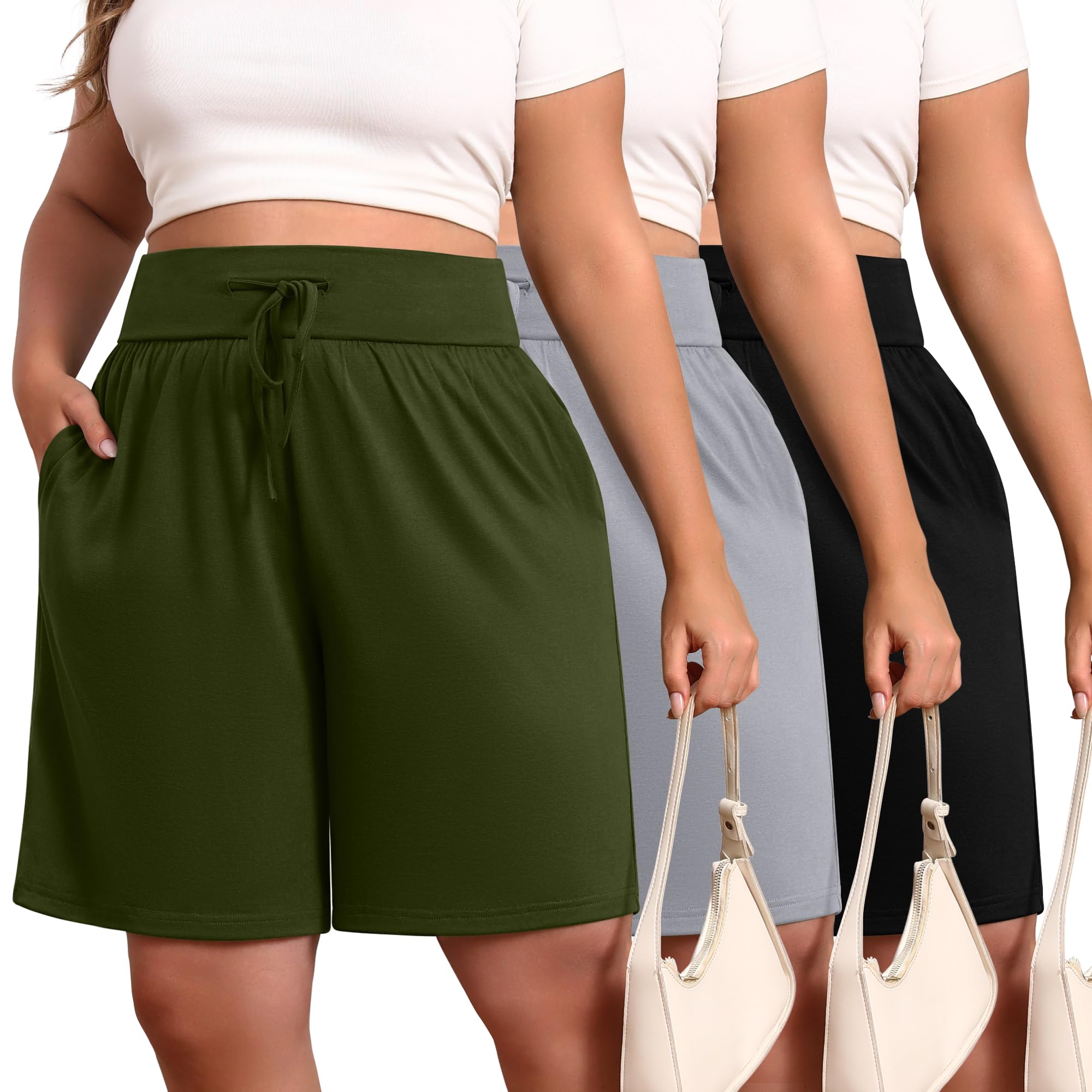 Photo 1 of Neer 3 Pack Plus Size Women's Bermuda Shorts Cotton Drawstring High Waist Casual Athletic Sweatpants with Pockets XL-5XL(Black, Light Gray, Army Green,3XL)