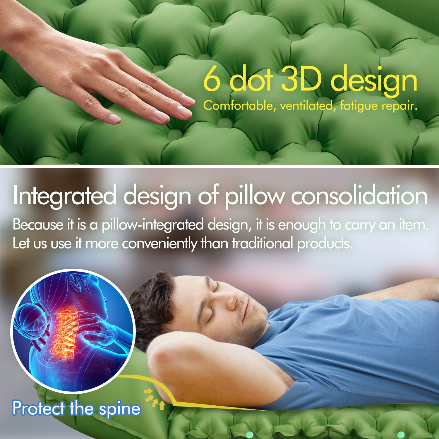 Self-Inflating Camping Pad Comfortable Camp Mat Ultralight Outdoor Foldable Lightweight Air Sleeping Bed with Siamese Innovation Separates Inflatable Pillows for Camping Beach Travelling and Hiking (Green-1pack)