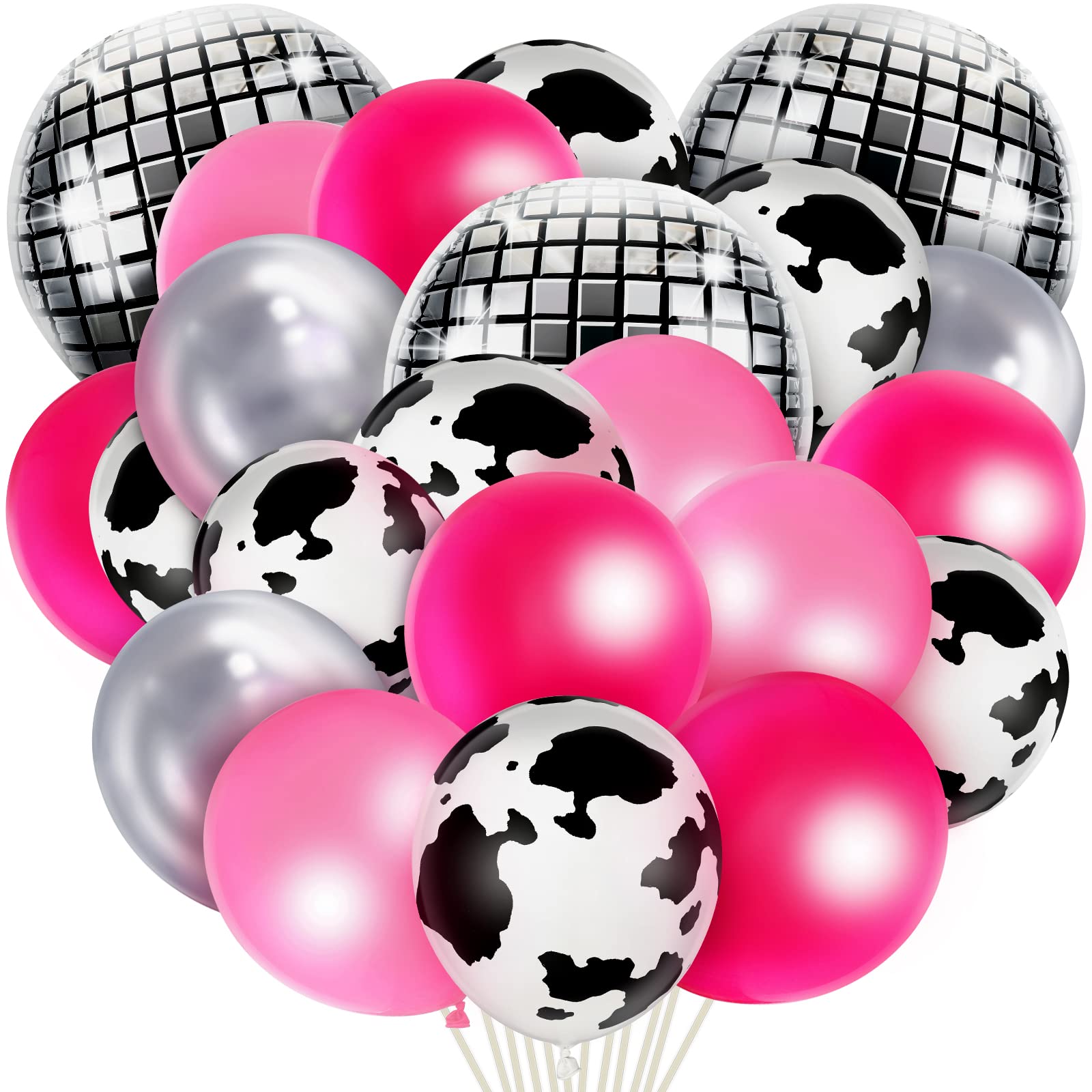Photo 1 of Bonuci 50 Pcs Cow Print Disco Ball Balloon Western Cowgirl Party Round Disco Supplies for Cowgirl 4D Metallic Foil Mirror Balloon Cow Theme Decorations with Ribbon Tape for Bachelorette Party
