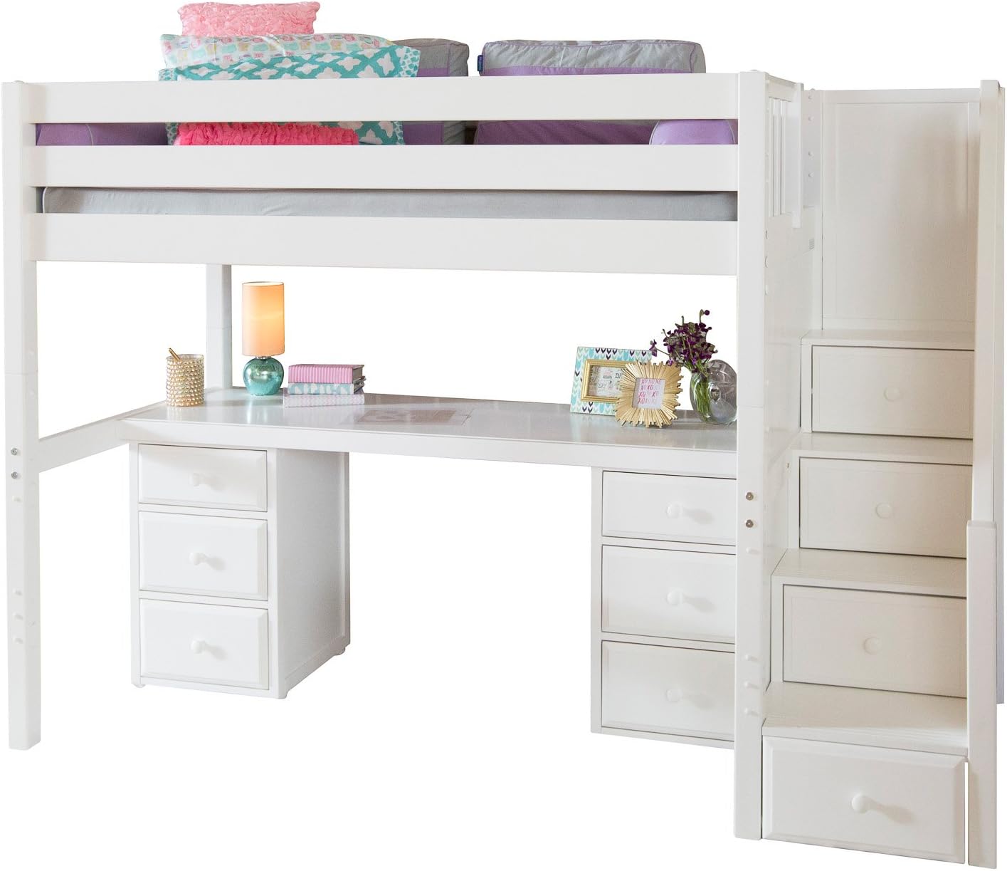 Maxtrix Solid Hardwood Twin-Size Low Loft Bed with Storage Staircase Entry, Integrated Desk, and 2x 3 1/2 Drawer Dresser, White