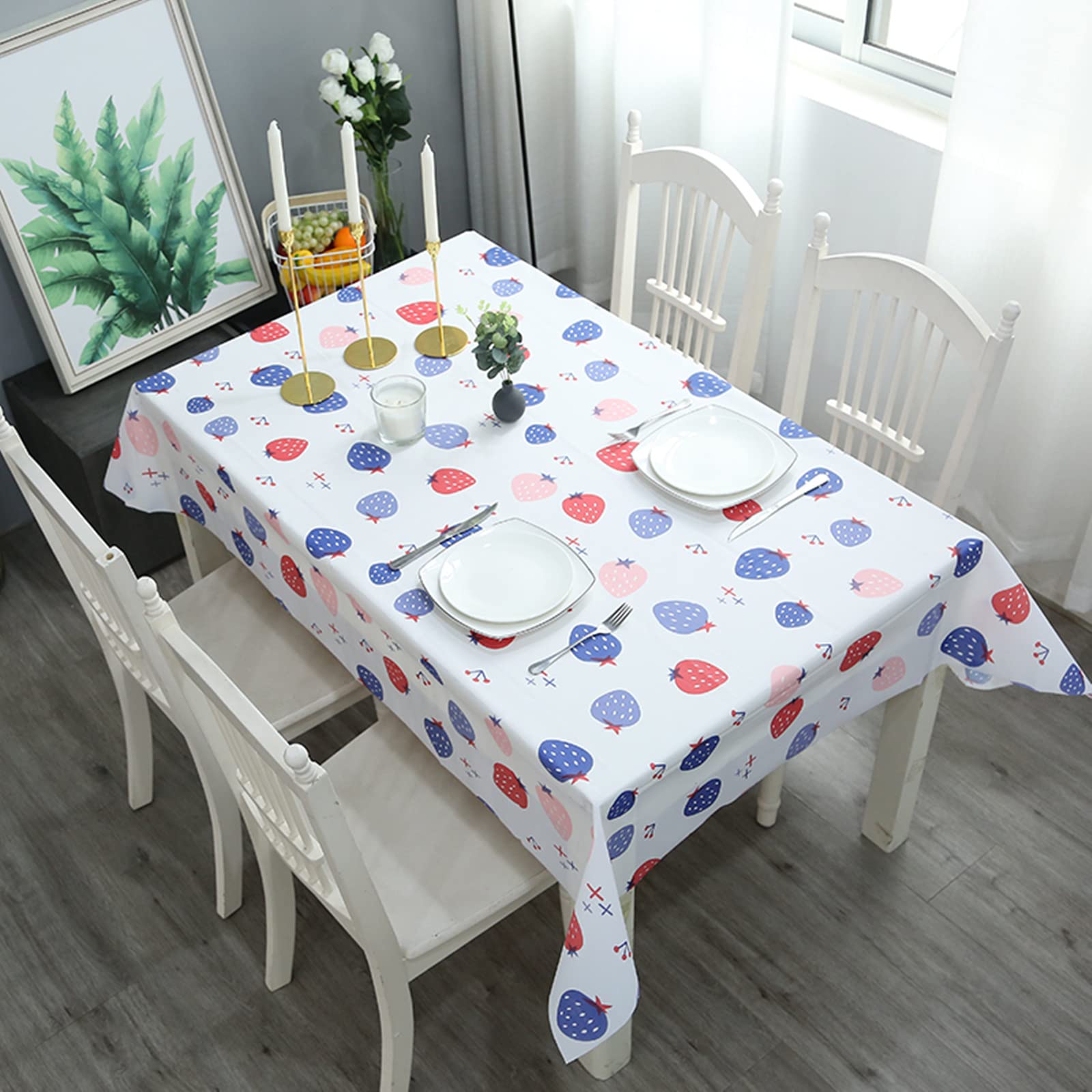 Aisszhao 137 * 180cm Wipe Clean PVC Tablecloth,Leaves Pattern Rectangular Large Easy Care Table Cover Reusable Oil-proof Washable Table Cloth for Holiday Dinner Outdoor Picnic (Strawberry) — image 1
