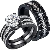 Couple Ring Bridal Set His And Hers Women 10k Black Gold Plated 2CT CZ Men Titanium Band Wedding Ring Band Set