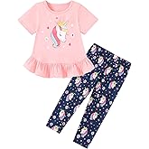 CARETOO Toddler Girl Clothes 2pcs Girl Spring Summer Outfit Ruffle Hem Short Sleeve Top and Floral Capri Pant 2-7 Years
