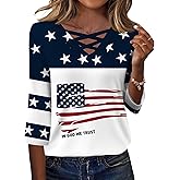 Rapbin Women Blouses Dressy Casual Spring Tops 3/4 Length Sleeve Womens T Shirts V Neck Criss Cross Tees