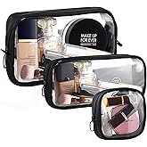 Cozomga Clear TSA Approved Toiletry Bag Set - 3 Pack (Large, Small and Mini) Clear Cosmetic Bag with Zipper, Quart Size Travel Essentials Organizer Perfect for Carry-On Luggage (TPU-3LSM-Black)
