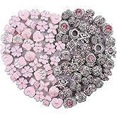 60 Pieces Assorted European Beads with Plating Silver Metal Alloy Rhinestone Large Hole Spacer Beads for DIY Charm Bracelet Jewelry Making (Pink)