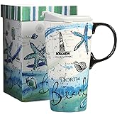 CEDAR HOME Coffee Ceramic Mug Porcelain Latte Tea Cup With Lid in Gift Box 17oz. North Beach