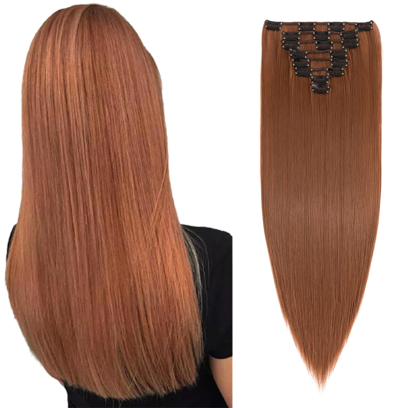 23" Long Straight Clip in Hair Extensions Full Head 8Pcs 18Clips Ombre Colorful Synthetic Hair Clip in Hairpiece Light Auburn