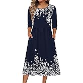 Zeagoo 3/4 Sleeve Women's Dress Casual Flowy A-Line Midi Tshirt Dresses with Pockets Crewneck Vocation Boho Beach Sundress