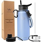 NATURE PIONEOR Insulated Water Bottles with Paracord Handle - 32 oz Vacuum Sports Wide Mouth Water Bottle with 3 Lids, Leak Proof Stainless Steel Keeps Hot and Cold