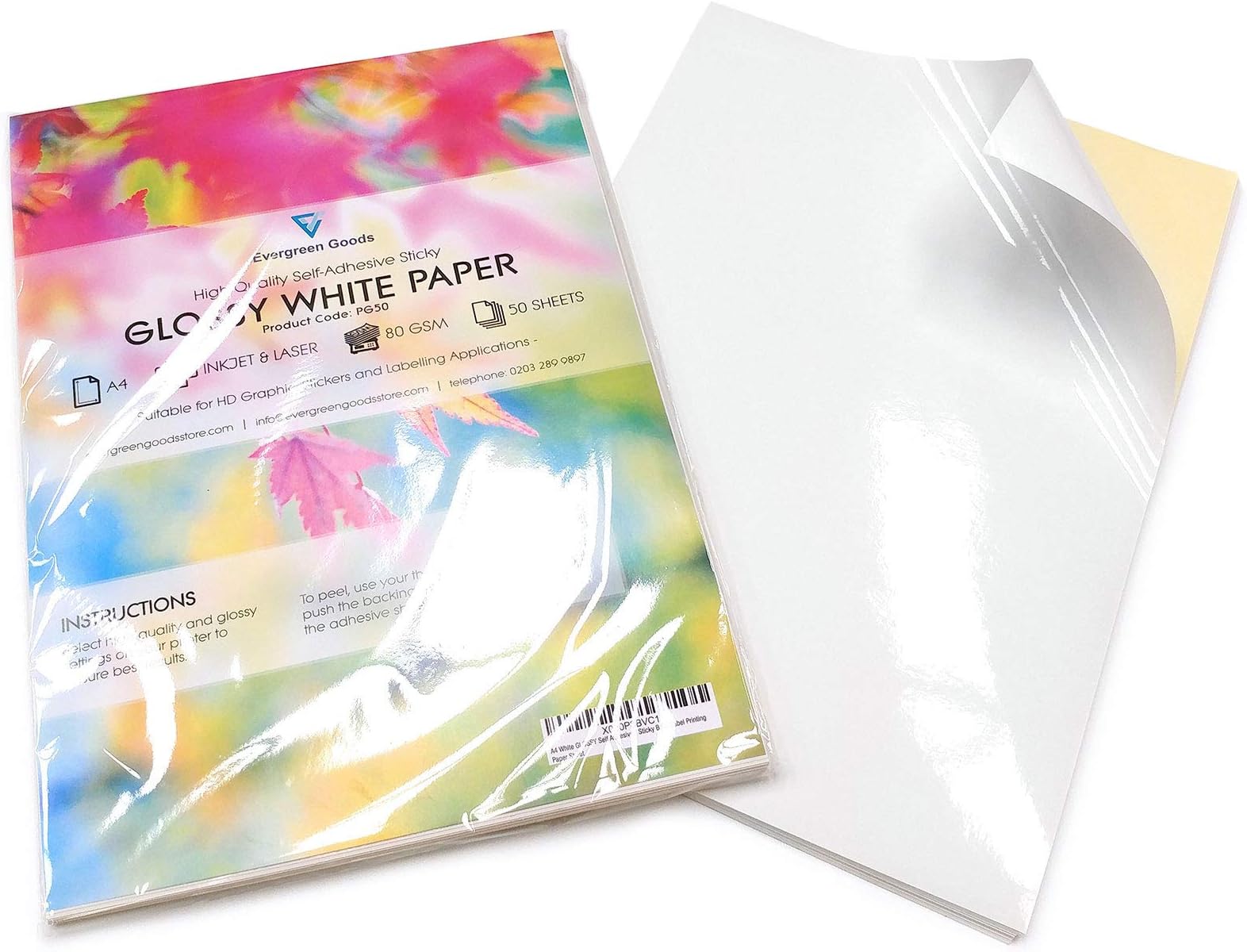Evergreen Goods 50 White Glossy A4 Sticker Sheets Self Adhesive/Sticky Back Label Printing Paper Sheet