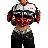 GORGLITTER Women's Racer Car Jacket Y2k F1 Oversized Graphic Coats Racing Varsity Zip Up Lightweight Jackets Streetwear