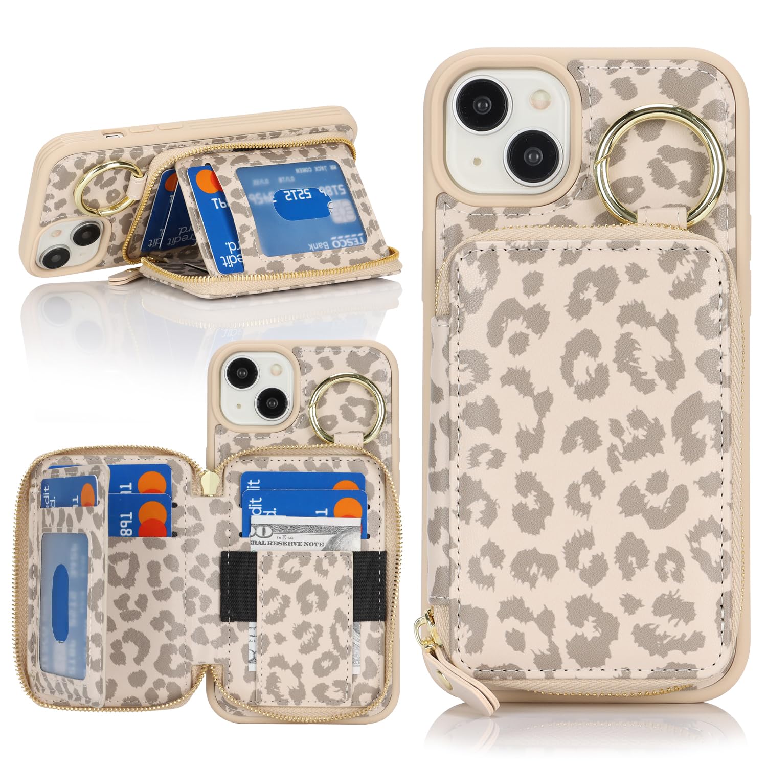Hamany for iPhone 15 Plus Case Wallet with Card Holder,for iPhone 15 Plus Phone case Wallet with Zipper with Slot Kickstand Stand Case for Women and Man 5G 6.7 Inch-Off-White Leopard