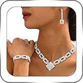 SAWINDA Rhinestone Jewelry Set Necklace Bracelet Earrings Set Sparkly Necklace Dangle Earrings Prom Formal Costume Jewelry Sets for Women and Brides