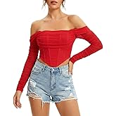 JSXZMMSM Corset Tops for Women Long Sleeve Off The Shoulder Crop Boned Bustier Trendy Y2K Going Out Tops
