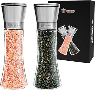 HomeTeck Pfeffermühle Und Salzmühle, Gewürzmühle 2er Set aus Hochwertigem Edelstahl, Salz und Pfeffer Mühle, Keramikmahlwerk Einstellbarer Feinheit (Groß, Silber)