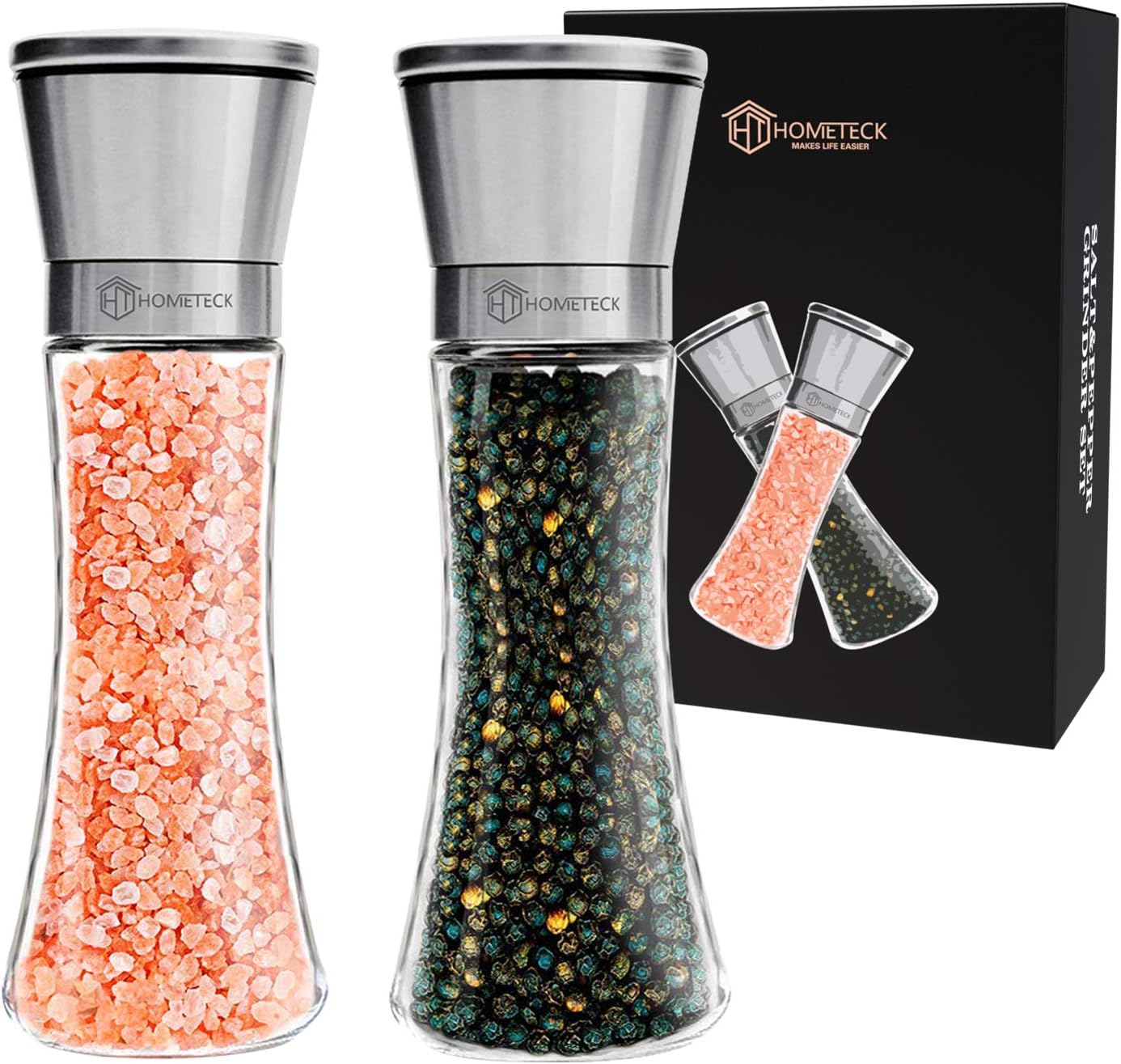 HomeTeck Pfeffermühle Und Salzmühle, Gewürzmühle 2er Set aus Hochwertigem Edelstahl, Salz und Pfeffer Mühle, Keramikmahlwerk Einstellbarer Feinheit (Groß, Silber)