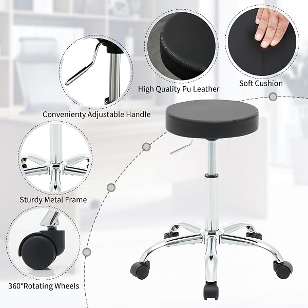 FIRAVOE ROLLING OFFICE STOOLS, ADJUSTABLE DRAFTING STOOL ON WHEELS 19.5″-26.6″, BLACK ERGONOMIC OFFICE CHAIR (BLACK)
