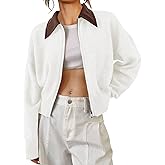 Saodimallsu Womens Zip Up Barn Jacket Cropped Faux Leather Collared Open Front Long Sleeve Fall Cardigan Sweaters