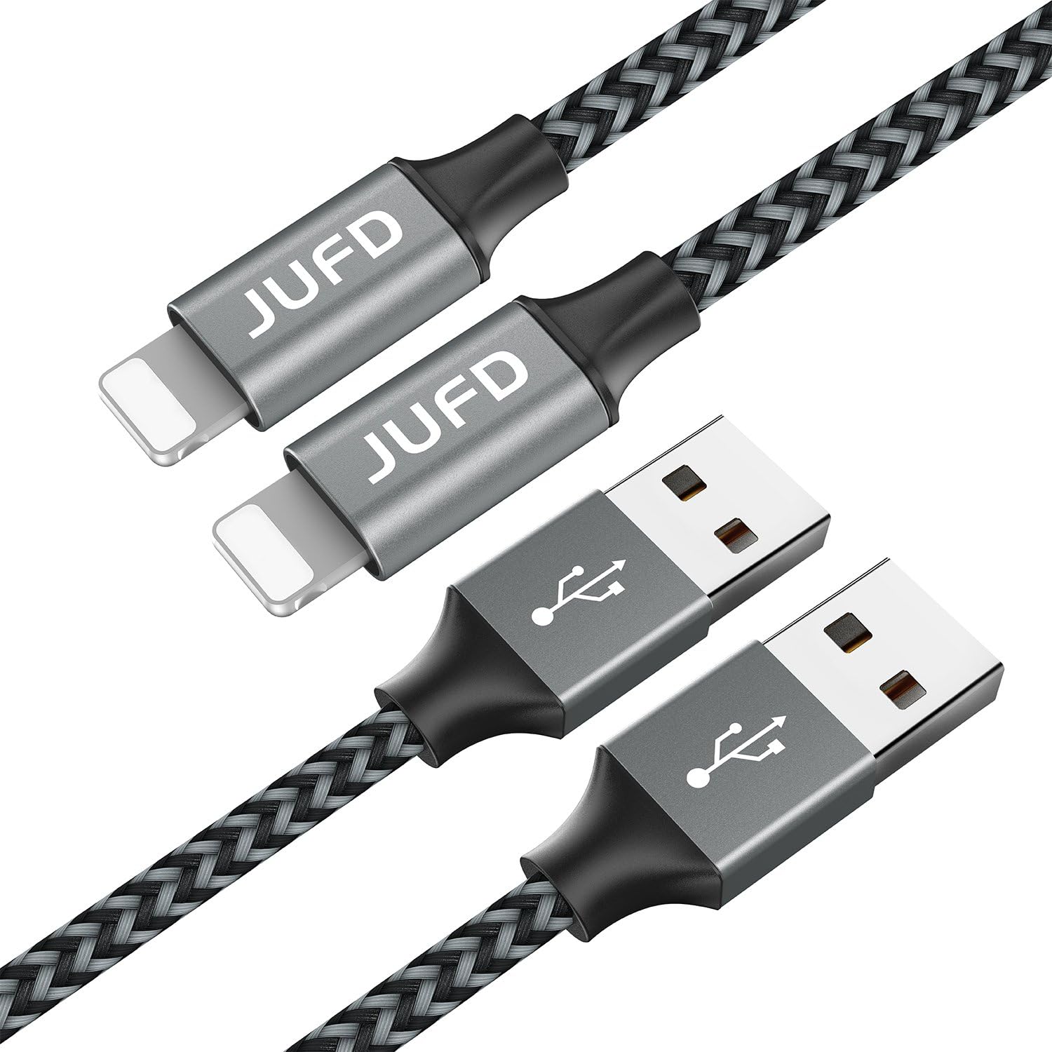phone Charger Cable 2M/6.6FT (2-Pack) JUFD usb to Lighting Cable High Lifespan Nylon Braided fast charging cord Compatible with iPhone XS/XS Max/XR/ X/ 8/ 7/ 7Plus 6/ 6s / 6 Plus/ 5/ 5c/ 5s SE iPad Air 3/ iPad Pro（Silver）