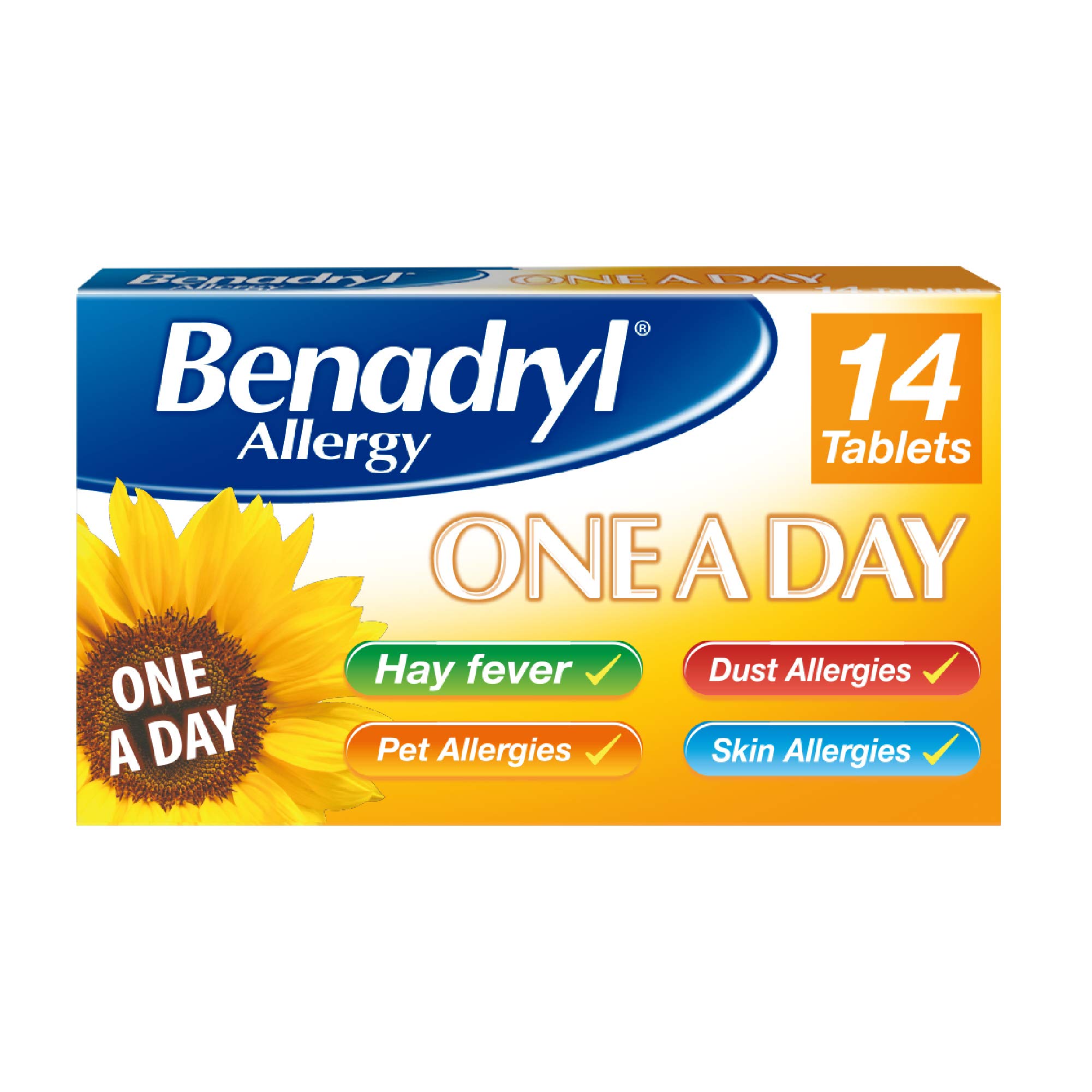 Benadryl Allergy One A Day 10 Mg Tablets - Effective and Long-Lasting Relief from Hay Fever, Pet, Skin and Dust Allergies - 14 Tablets