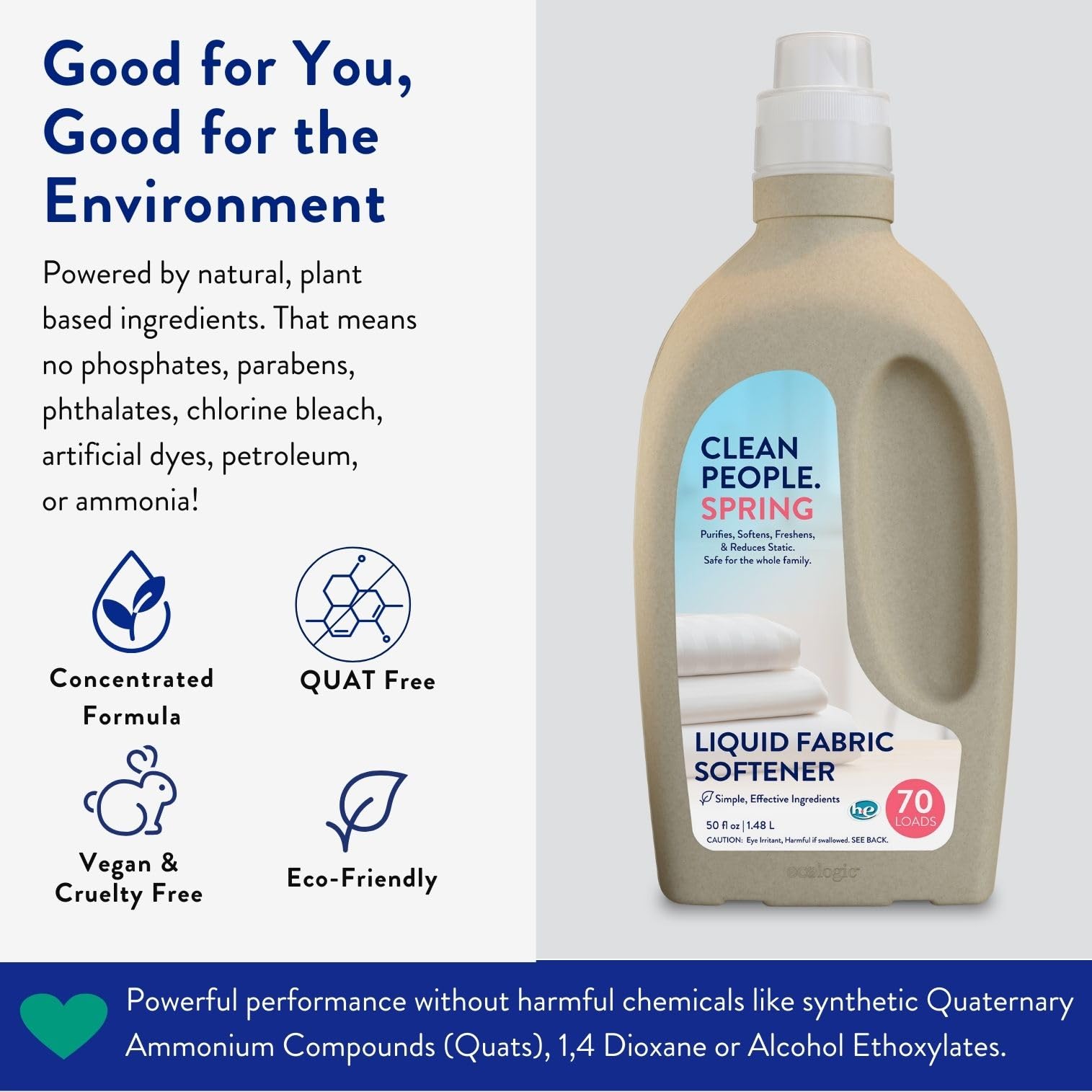 THE CLEAN PEOPLE Liquid Fabric Softener - Softens & Removes Static Cling - Vegan Scented Laundry Softener - Spring Scent, 50 fl oz - 74 Loads