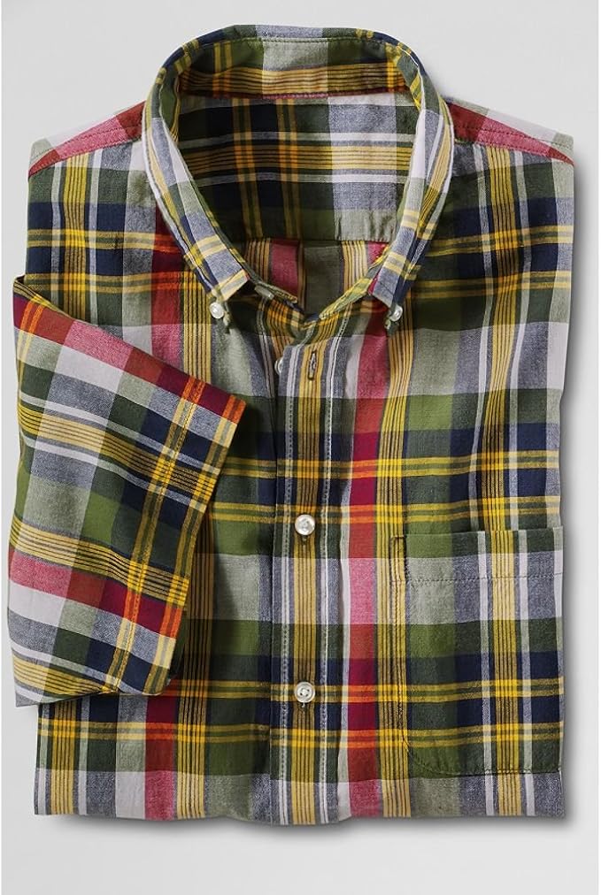Lands' End Men's Regular Short Sleeve Vintage Olive Plaid Madras Shirt
