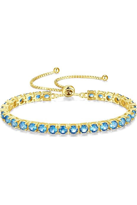 FANCIME Adjustable Birthstone Tennis Bracelet - 925 Sterling Silver Gold Plated, 4mm Width, Aquamarine (March)