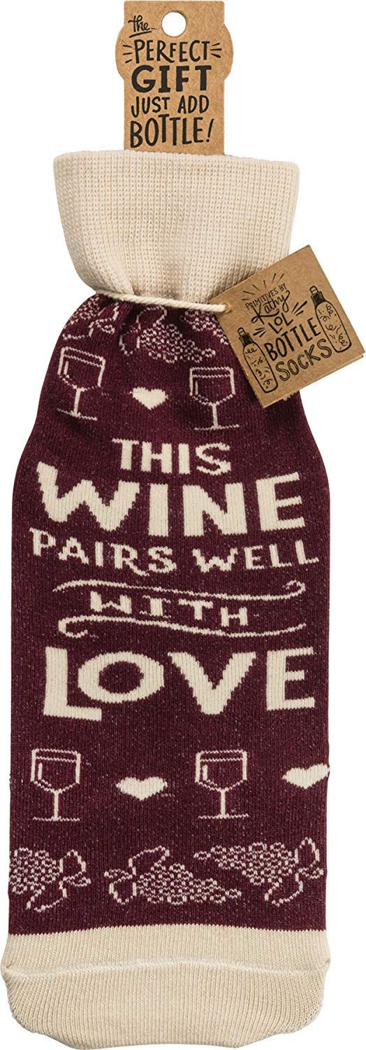 Primitives by Kathy Reusable Gift Bottle Sock, Fabric, This Wine Pairs Well, 3.38" x 11.25"