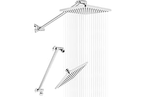 Rain Shower Head, 8'' High Pressure Rainfall Square Showerhead with 15'' Shower Head Extension Arm, Brass Adjustable Shower A