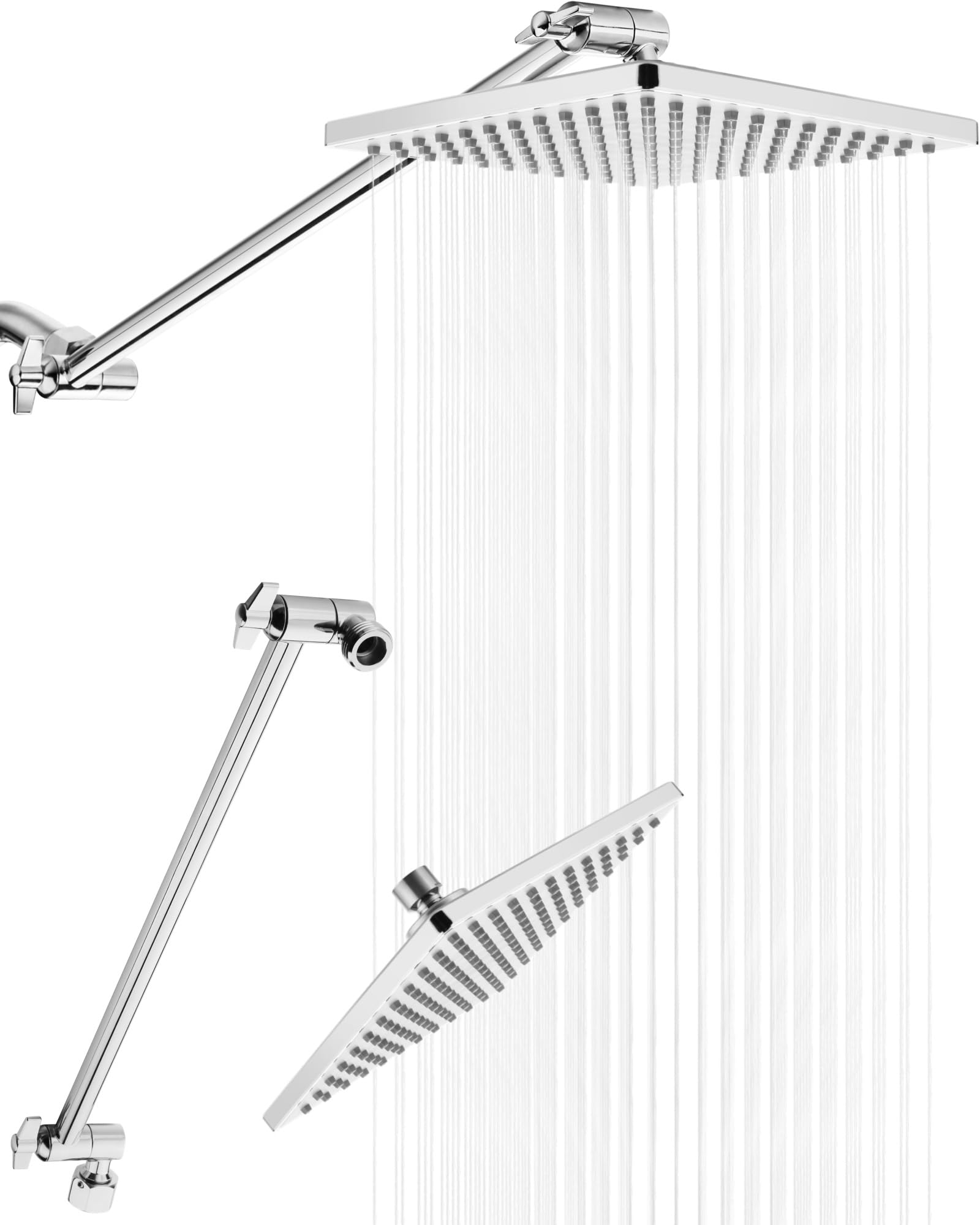 Singing Rain 8'' Rain Shower Head With 15'' Extension Arm - Large Surface Fixed Square Head - Extra Long Height and Angle Adjustable Arm - Ultimate Shower Experience