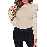 Remidoo Women's Solid Round Neck Puff Long Sleeve Slim Fit T Shirt Tops