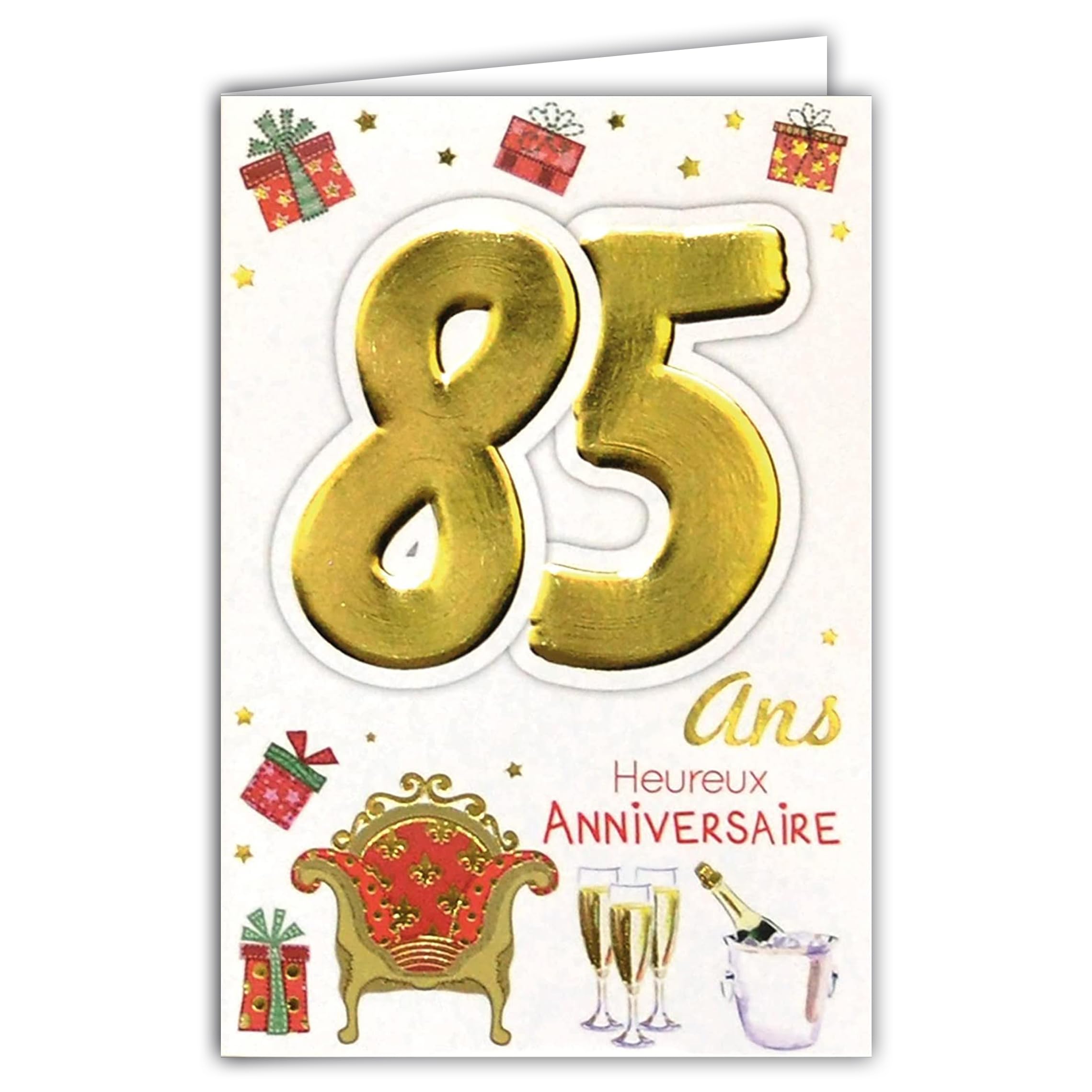 MV 69-2043 Age 85 Birthday Card Man Woman Design Bottle Champagne Flutes Gift Throne Chair