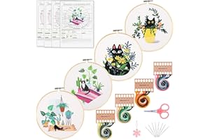 Santune 4pcs Embroidery Kit with Cat and Plant Patterns, Instructions for Beginners Cross Stitch Kits for Adults,2 Embroidery Hoops,Color Threads and Needles