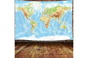 JAWO World Map Tapestry for Kids Student, World Map with Countries and Major Cities Tapestry Educational Tapestry, Asia Europe South City Topography America Africa Japan Wall Tapestry 90X70 Inch(Blue)