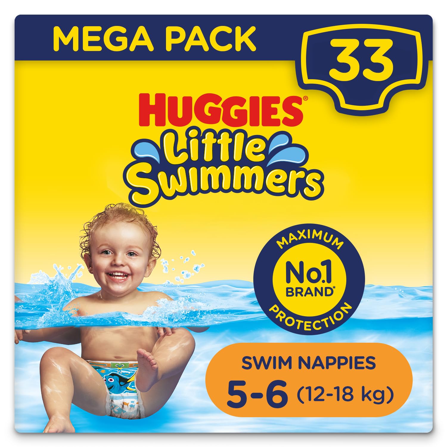 Huggies Little Swimmers, Swim Nappies, Size 5-6 - 33 Pants - Maximum Protection Swimming Nappies with Leak Guards - All-Round Stretchy Waistband