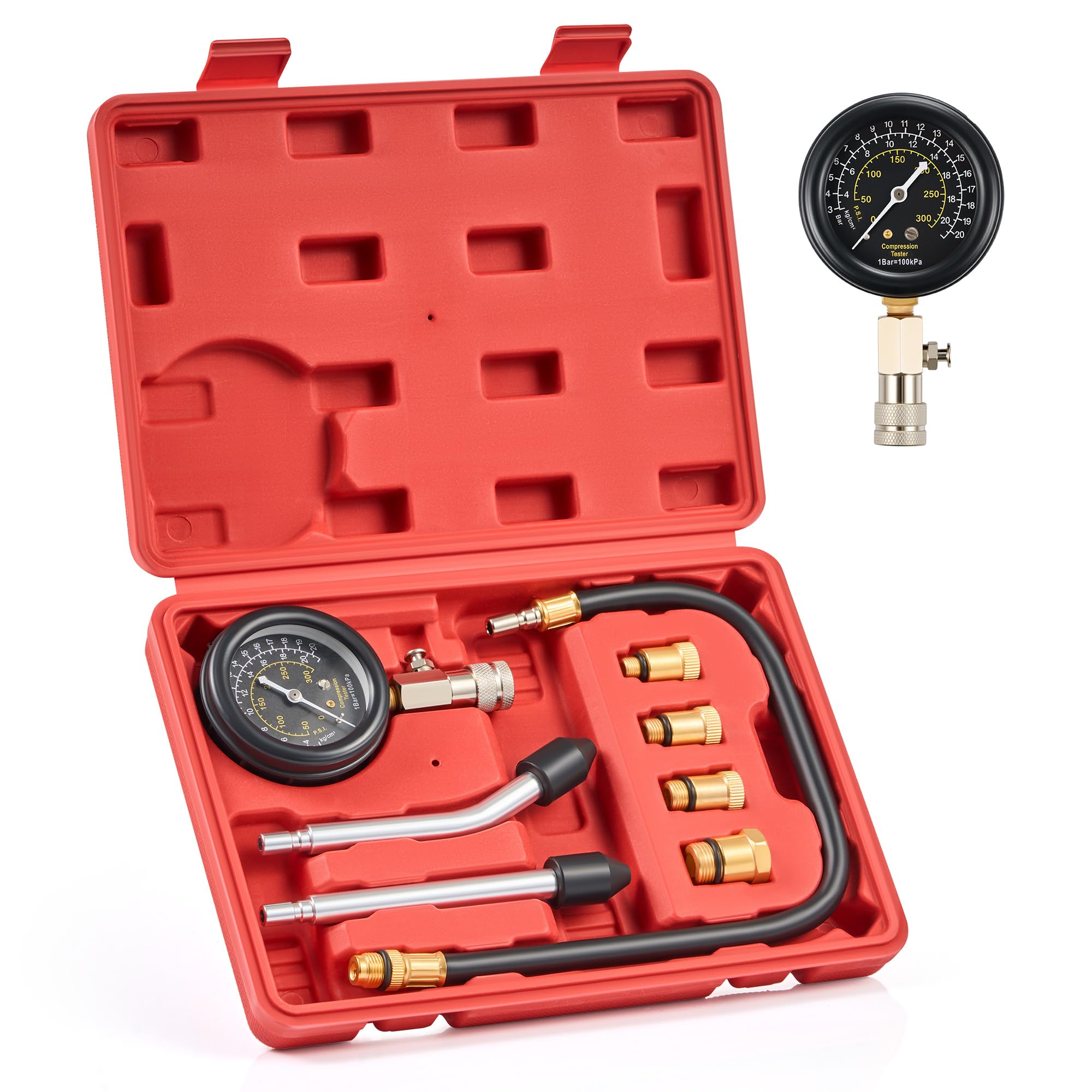Photo 1 of Orion Motor Tech Gasoline Compression Tester Kit, 8pc Petrol Engine Compression Tester Set with 0-300 psi Pressure Gauge 4 Adapters, Small Engine Compression Gauge Set for Motorcycle Car Truck