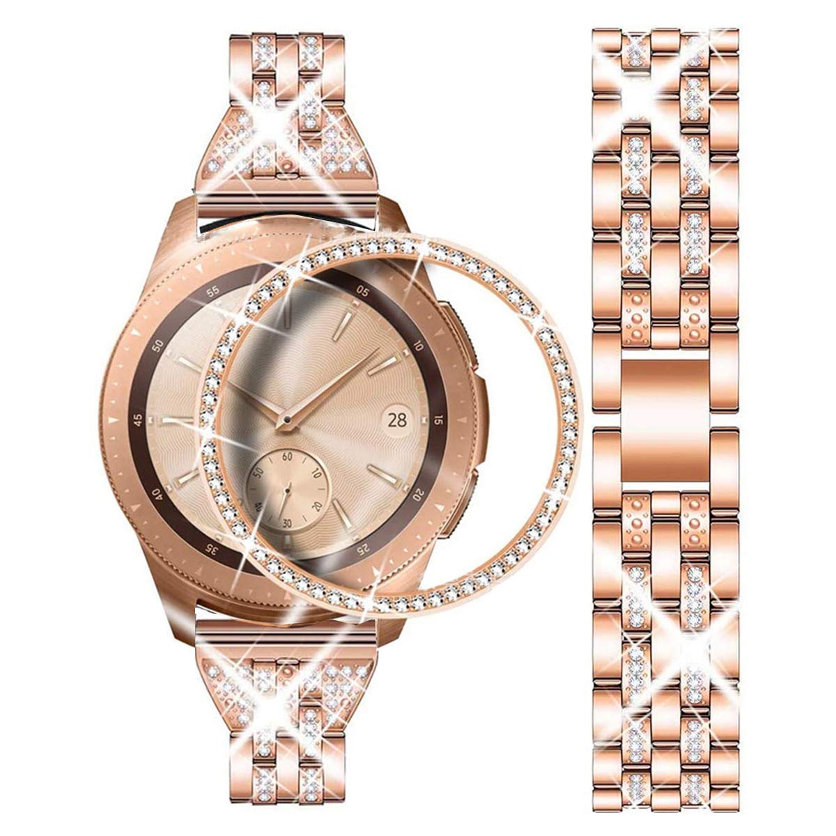 DEALELE Strap Compatible with Samsung Gear Sport / Galaxy Watch 42mm / Galaxy 4 Classic (42mm), 20mm Luxury Rhinestone Diamond Metal Bracelet with Bezel Ring Cover Replacement for Women Men, Rosegold
