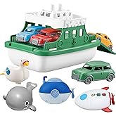 OKGIUGN Ferry Boat Toys Set with 4 Cars and 4 Wind Up Bath Swimming Toys, Kids Bath Toy Floating Vehicle Whales Submarines Sw